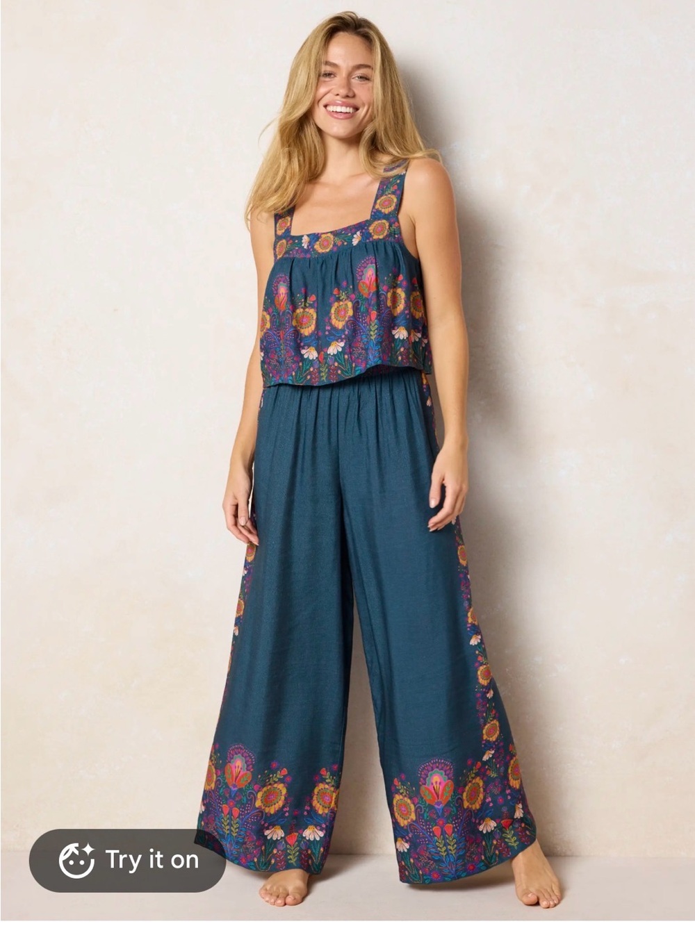 NATURAL LIFE Teal Wide-Leg Pants and top set with Floral Border Print